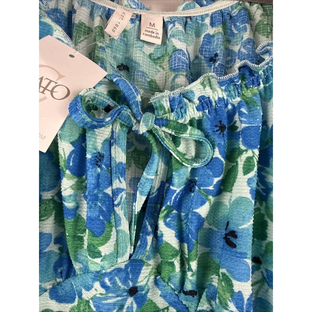 Cato Top Medium Rounded Tie Neck Bright Blue And Green Flowers NWT - Picture 3 of 9